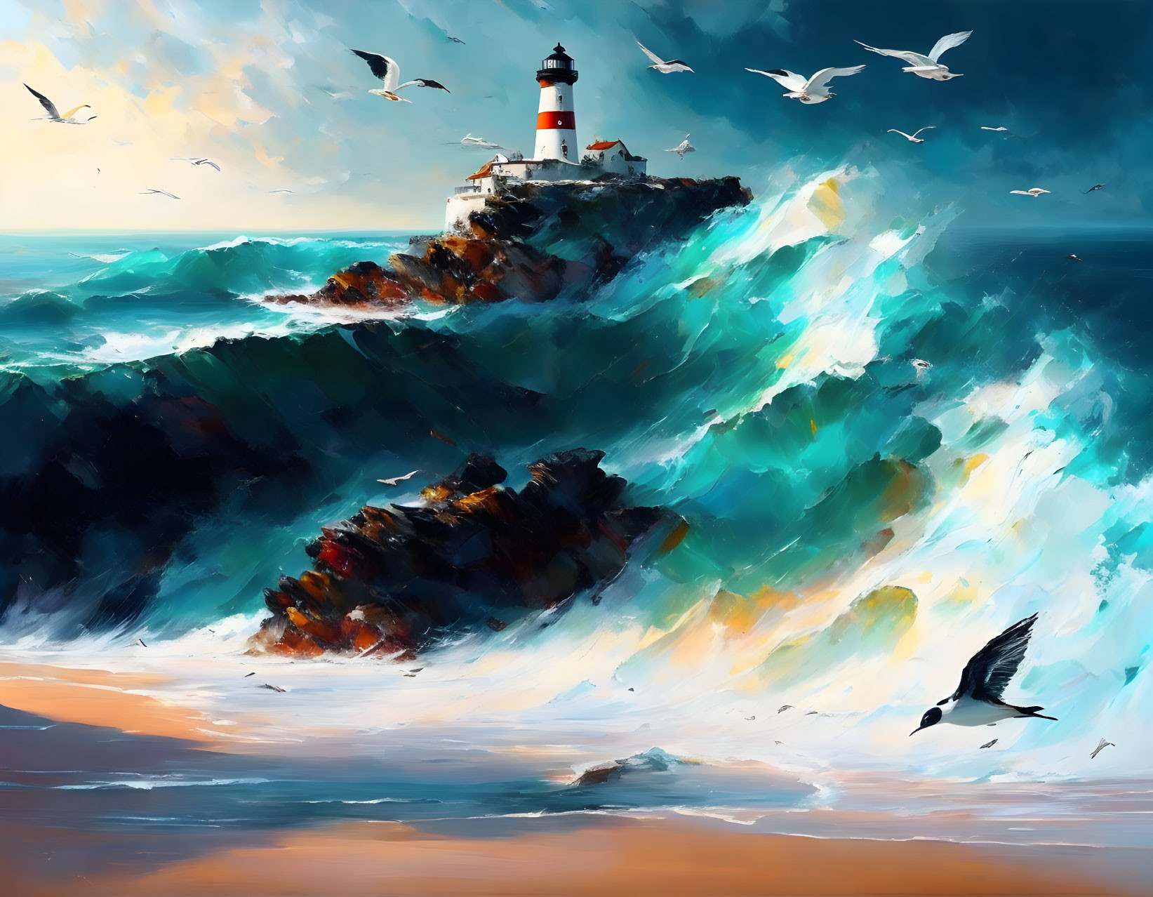 Stormy sky lighthouse on rugged cliff with ocean waves and seagulls