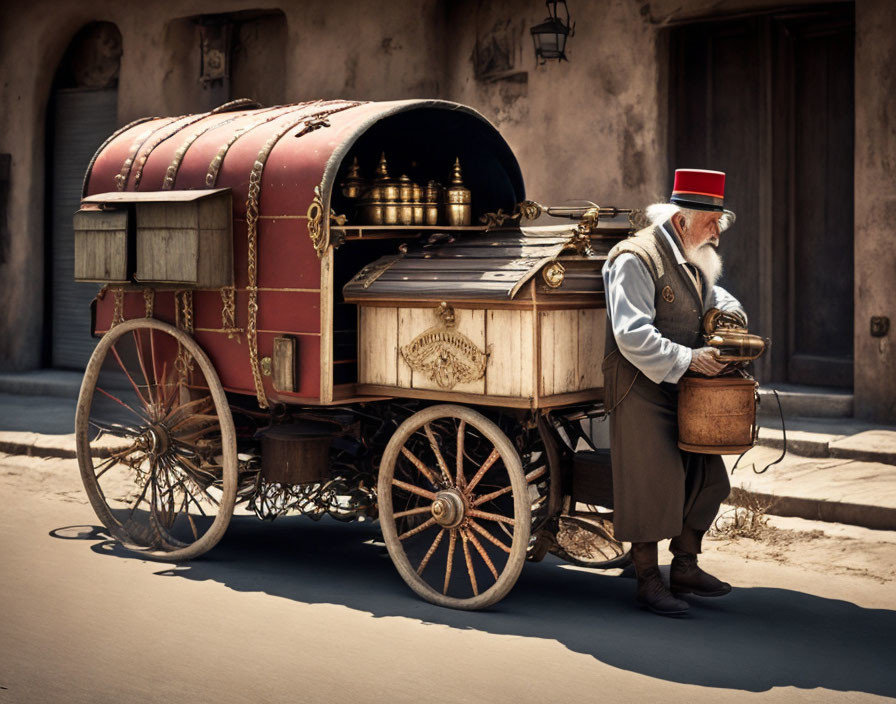 Elderly man in historical attire with cylinder hat by vintage street organ