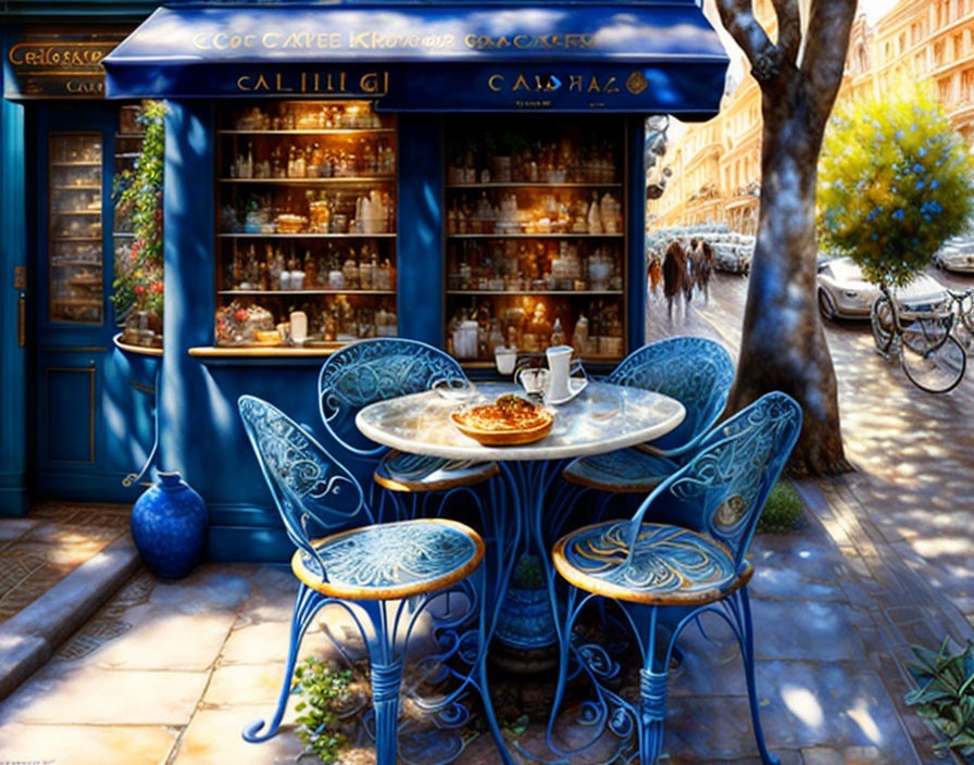 Ornate blue chairs and pastries under a vibrant blue awning in a cozy outdoor cafe setting