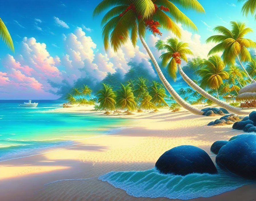 Tropical beach scene with palm trees, white sand, blue sky, clouds, and distant boat