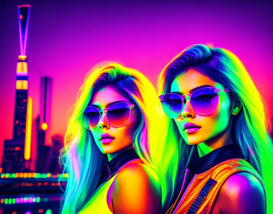 Two women with neon-colored hair and sunglasses in front of vibrant city skyline.