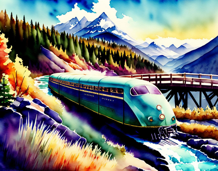 Vibrant watercolor painting of vintage train in autumn scenery