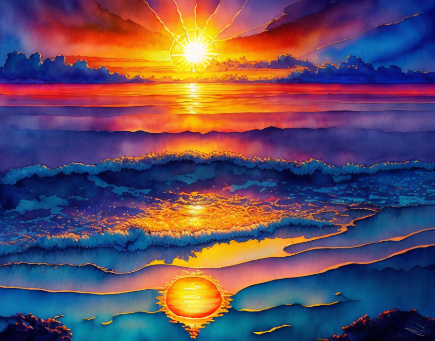 Sunset Watercolor Painting with Ocean Waves in Blue, Orange, and Purple