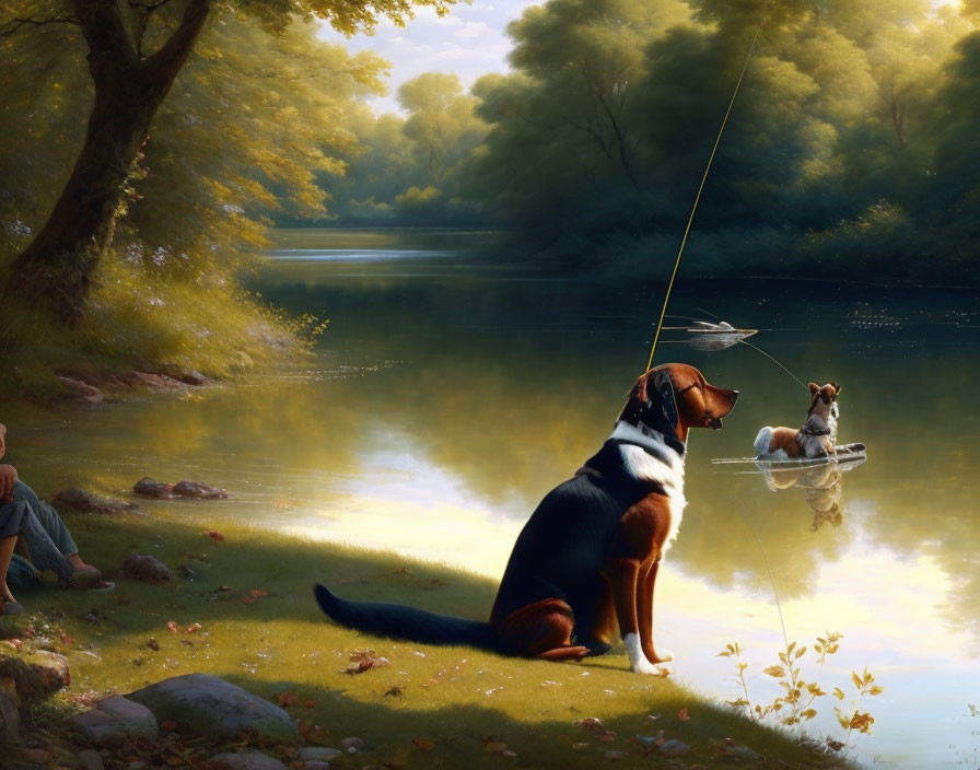 Tranquil riverside scene with dogs on raft and person fishing