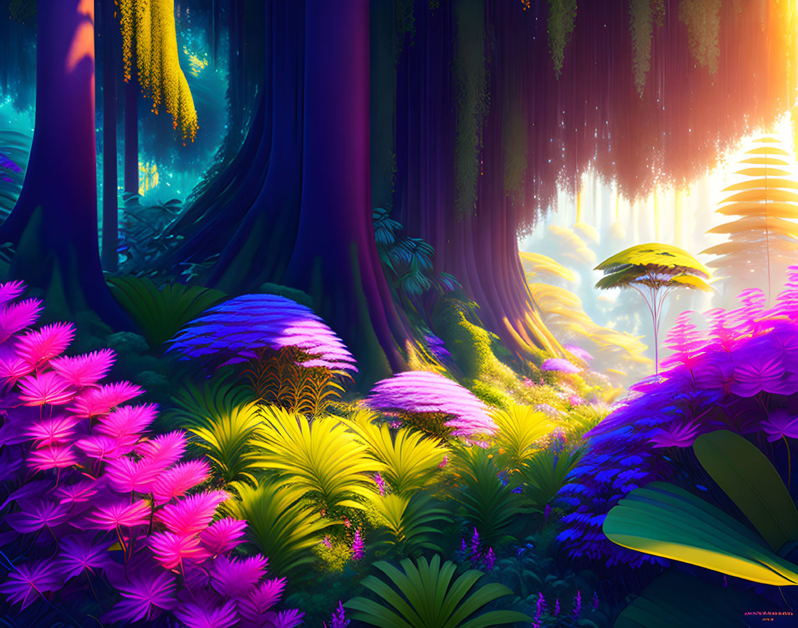 Colorful Forest Scene with Neon Pink and Yellow Plants Under Sunlight