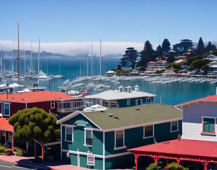 Colorful Waterfront Houses and Marina with Boats Under Clear Sky