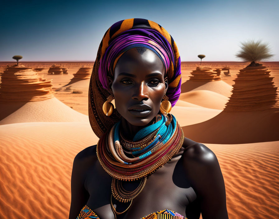 Colorfully dressed woman in desert landscape with sand dunes and clear sky