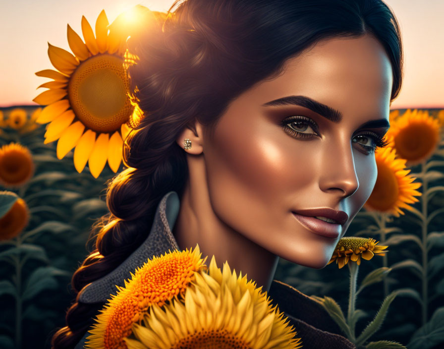 Woman with makeup in sunflower field at sunset with sunlight on features.