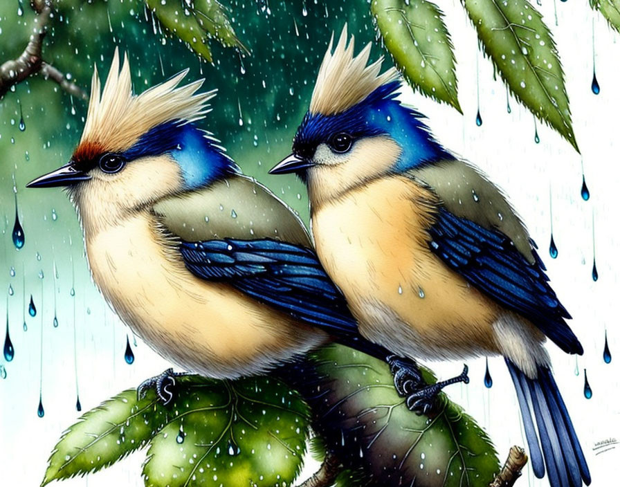 Vibrant blue crested birds on branch with green leaves and rain droplets.