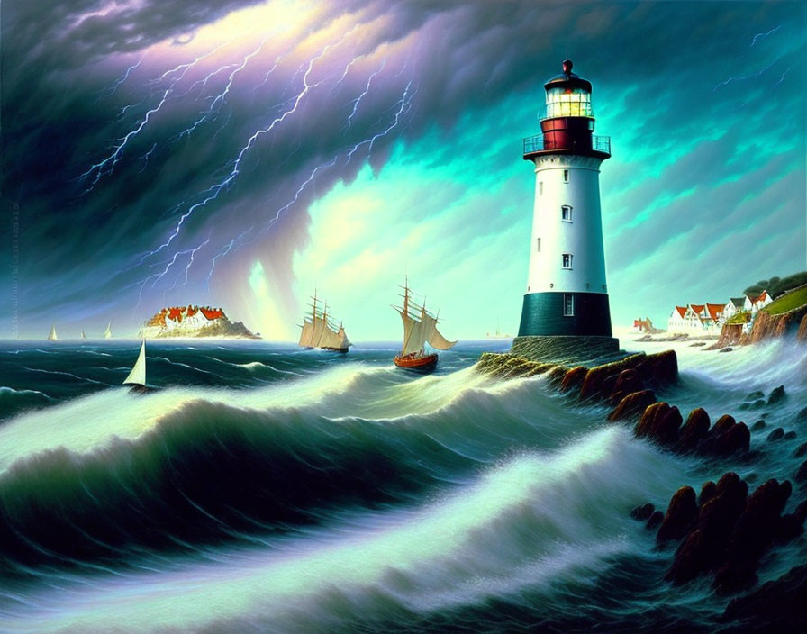 Lighthouse overlooking stormy seas with lightning, sailing ships, and coastal village.