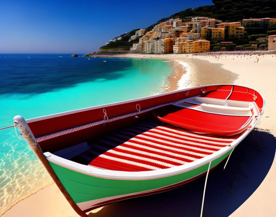 Colorful red and white boat on sunny beach with blue water and vibrant surroundings