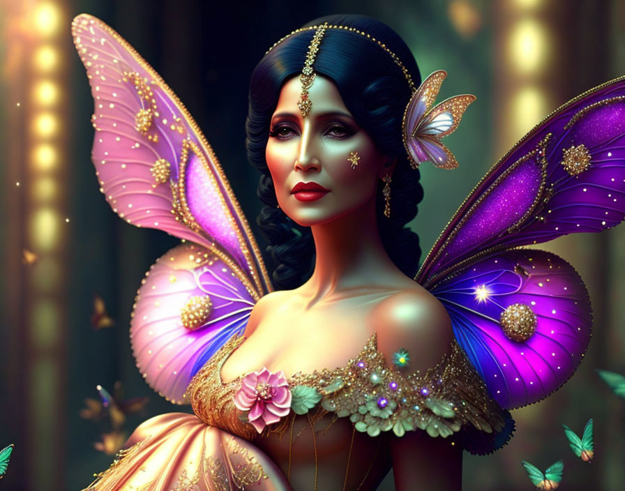 Woman with butterfly wings and jewels in fantasy setting.