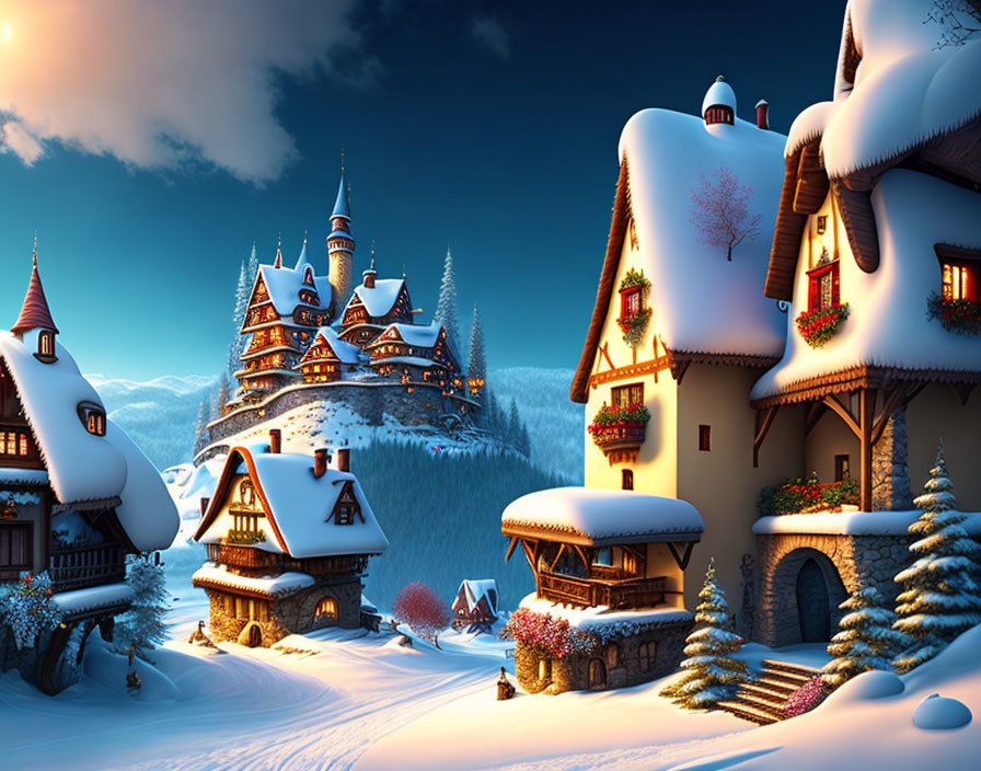 Snow-covered winter village with festive decorations and castle at dusk