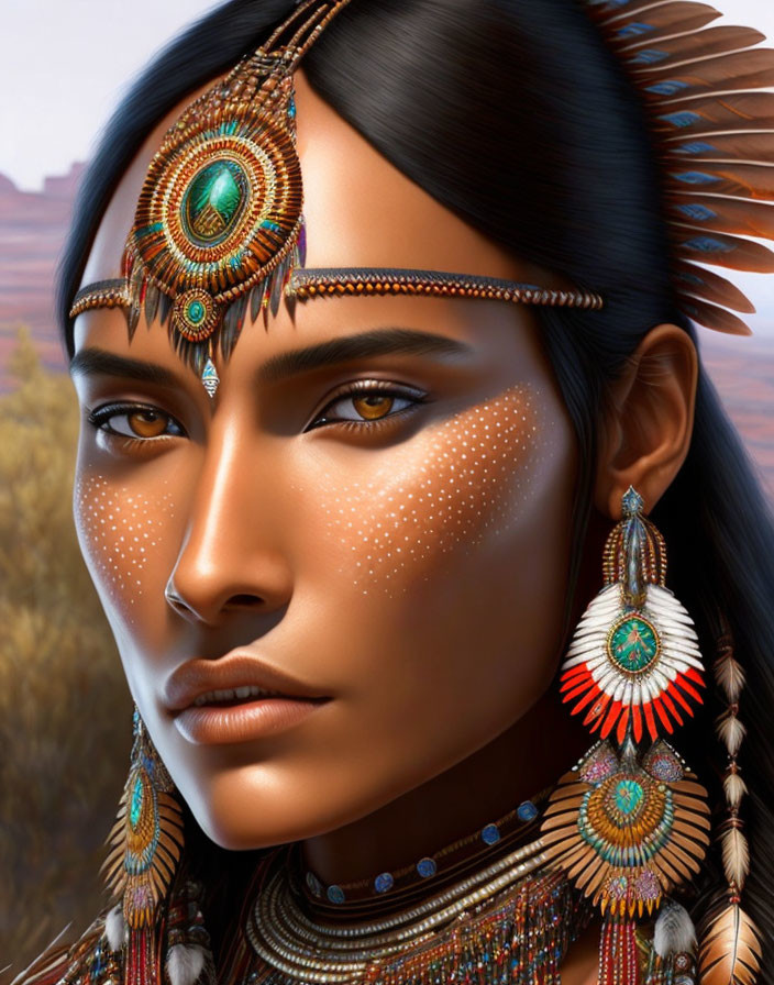 Detailed close-up of person with headdress, jewelry, and facial paint