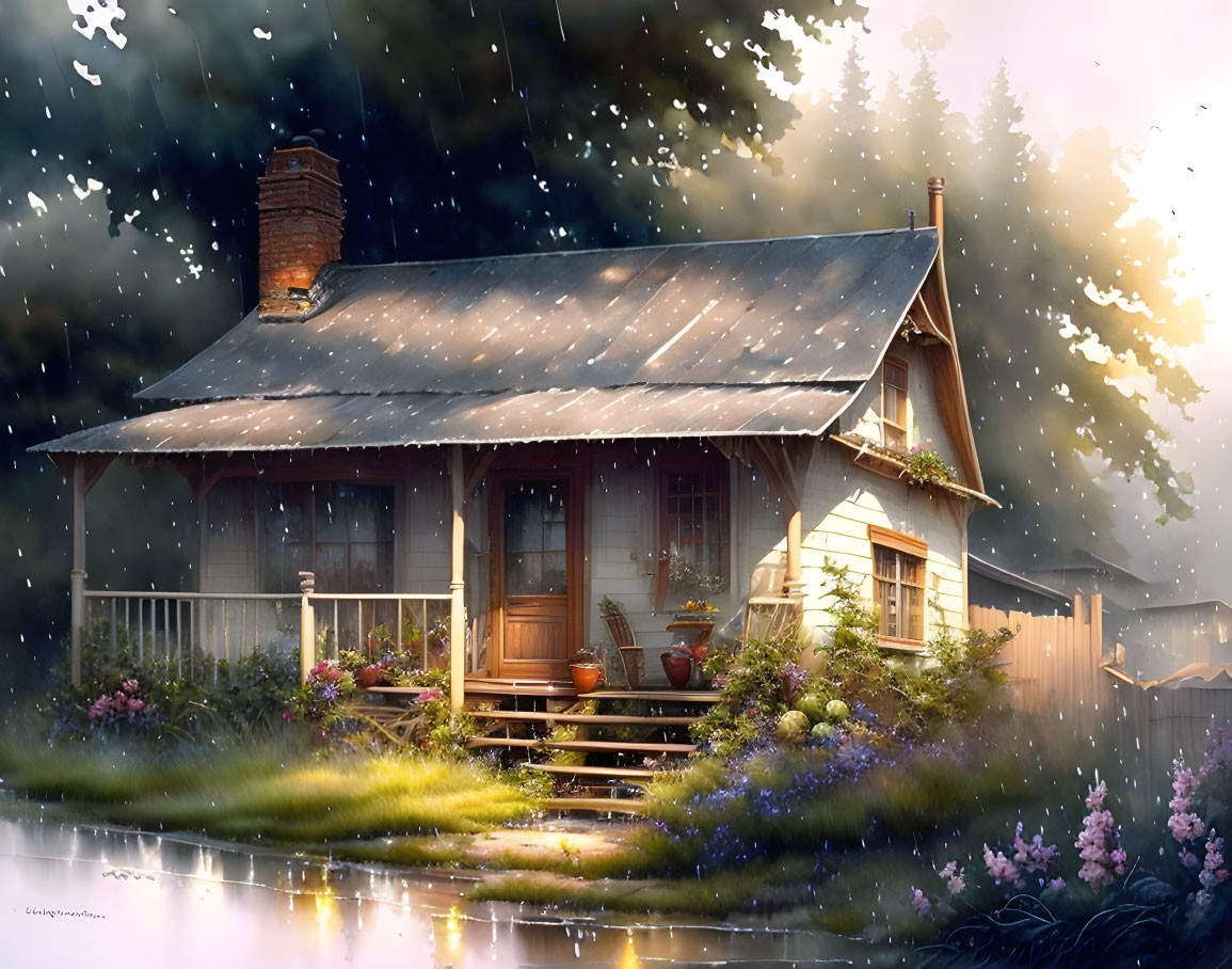 Wooden house with porch and chimney in lush greenery under rain mist.