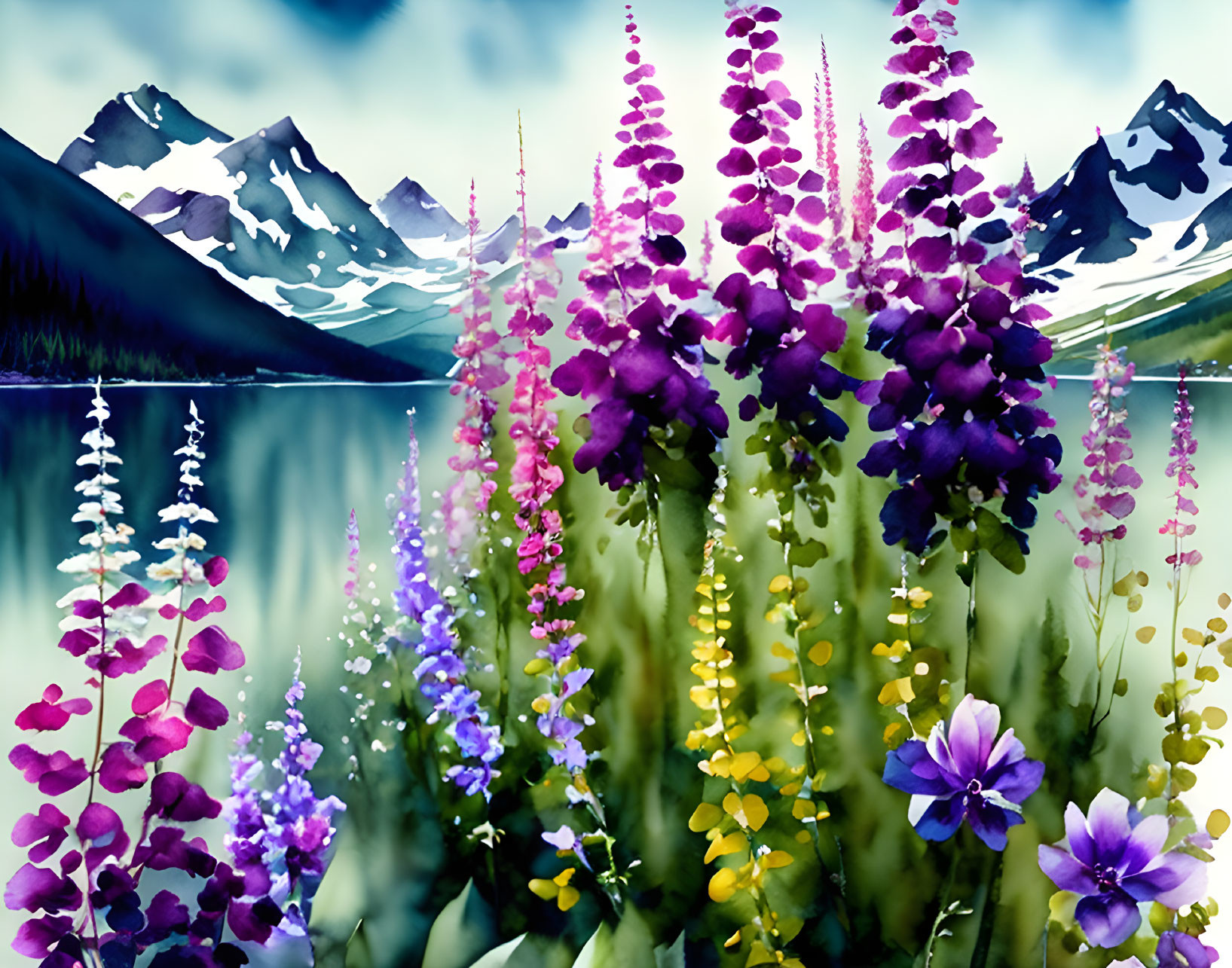 Purple Flowers, Lake, Snow-Capped Mountains in Watercolor