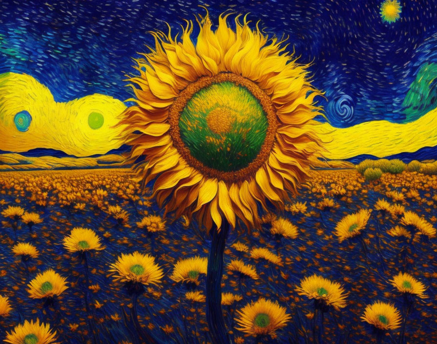 Sunflower and 'Starry Night' painting merge in vibrant artwork