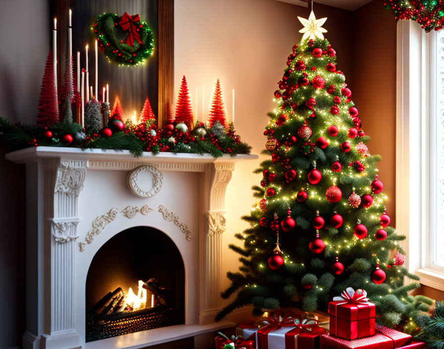 Festive Christmas scene with tree, fireplace, ornaments, candles, gifts