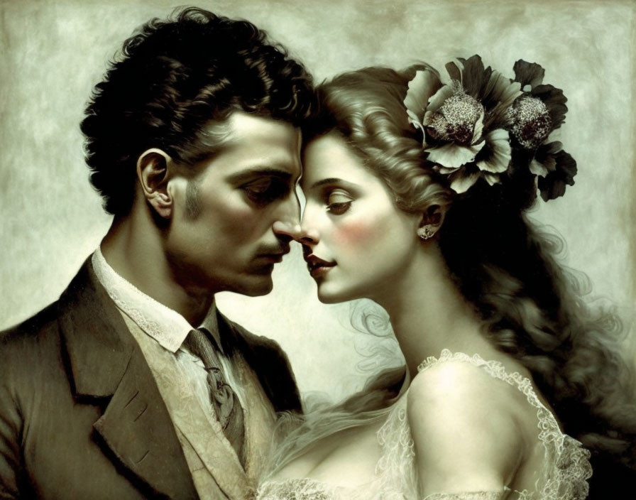 Romantic couple painting with vintage attire and hairstyles