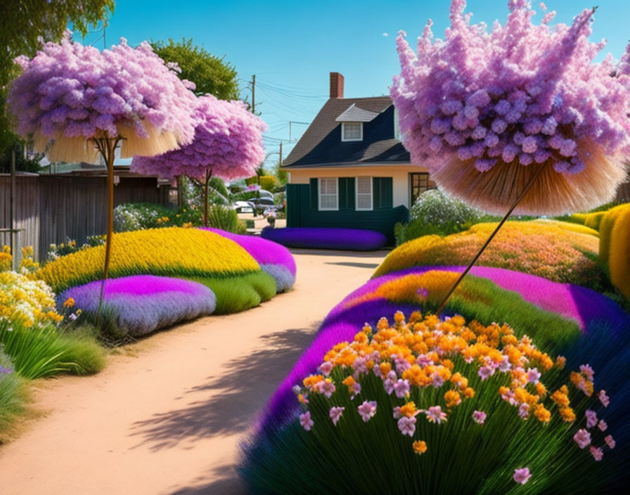 Surreal landscape with purple trees, colorful grass, and quaint house