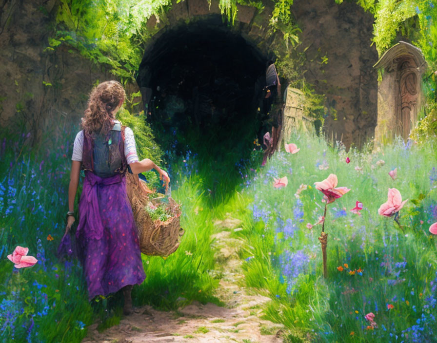 Woman in vintage dress walking towards tunnel in lush greenery