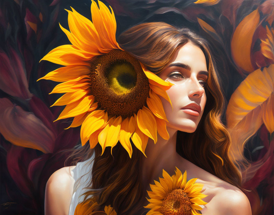 Woman with flowing hair surrounded by vibrant sunflowers in serene setting