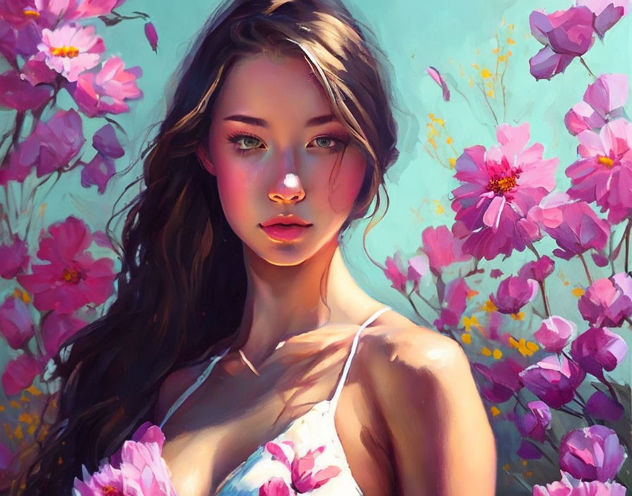 Digital painting: Young woman with long hair in vibrant pink flower setting