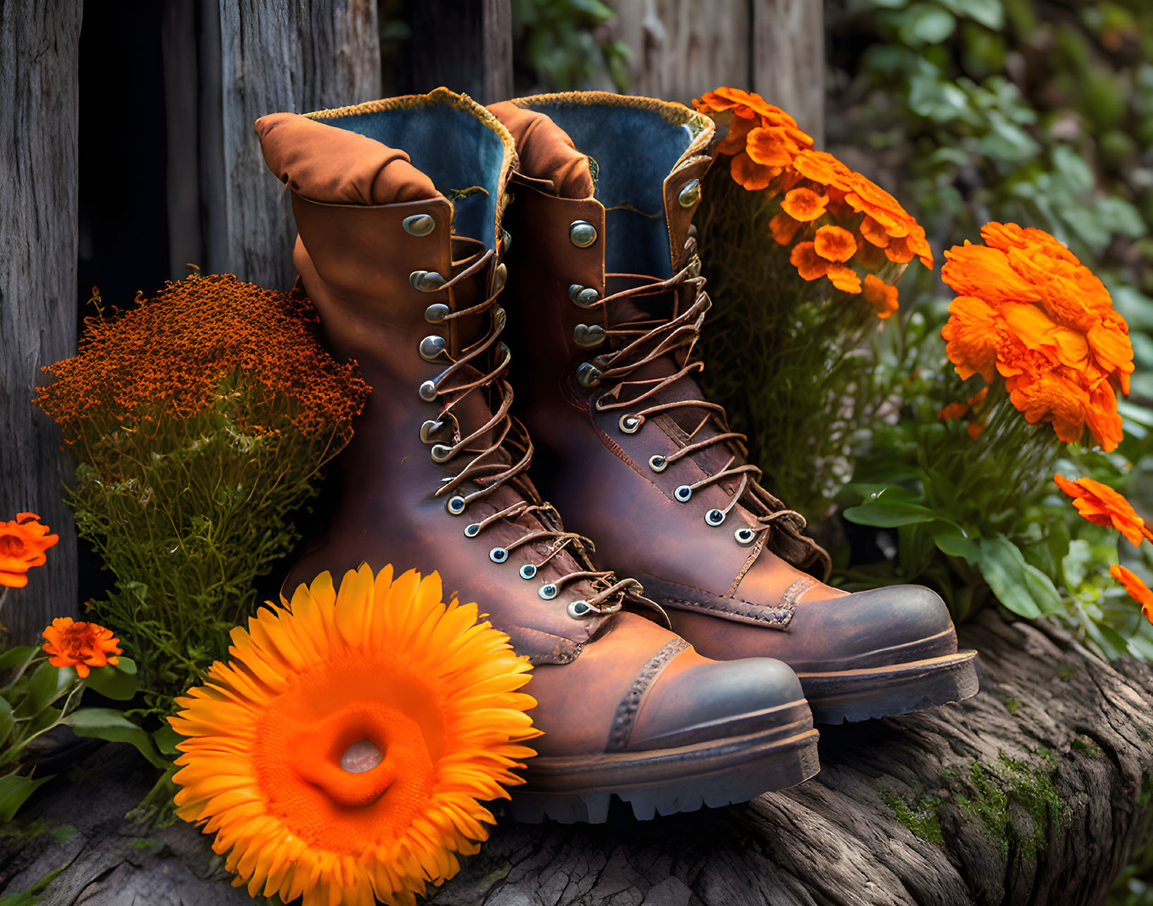 Brown Leather Boots with Rolled Down Tops Among Vibrant Orange Flowers on Old Wooden Surface