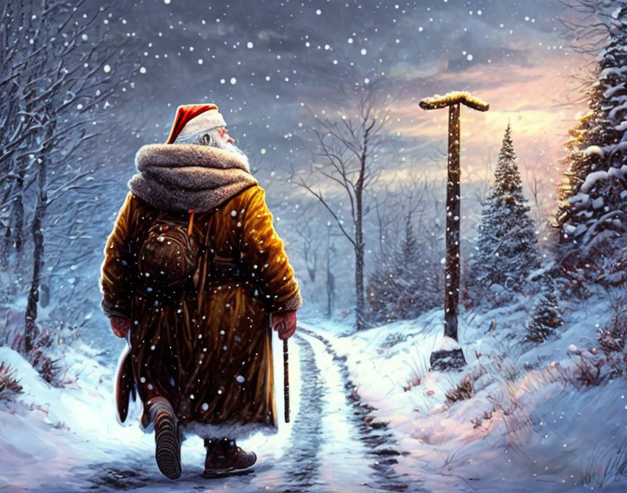 Santa Claus walking on snowy path near signpost in winter scenery