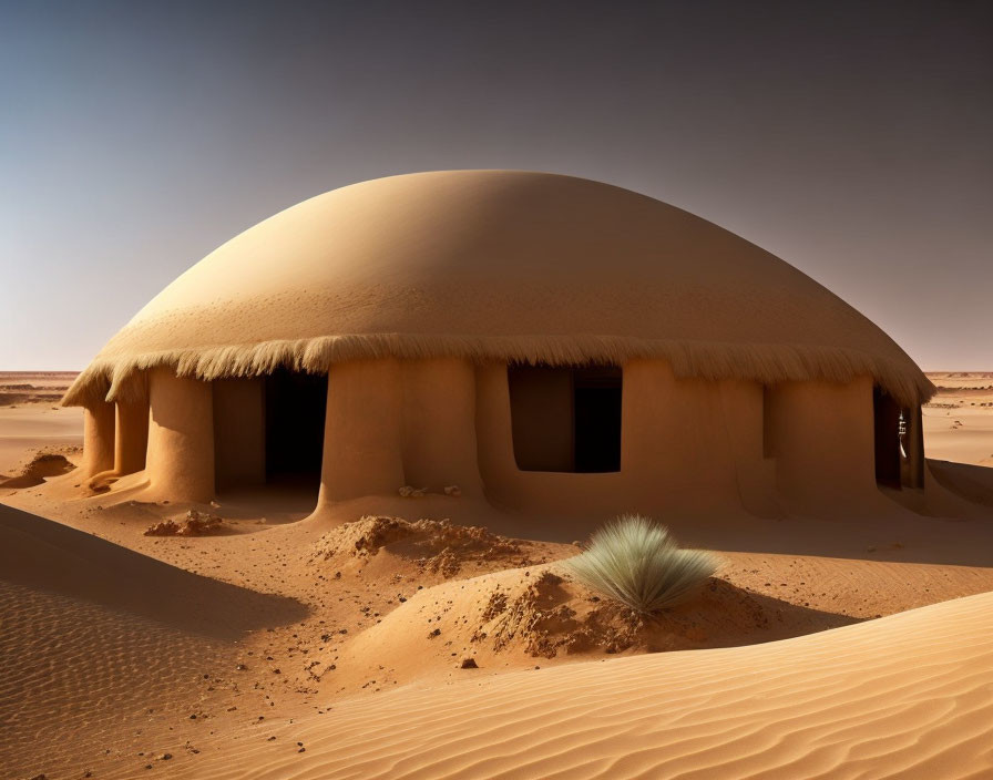 Thatched dome-shaped desert structure on sandy terrain with green bush