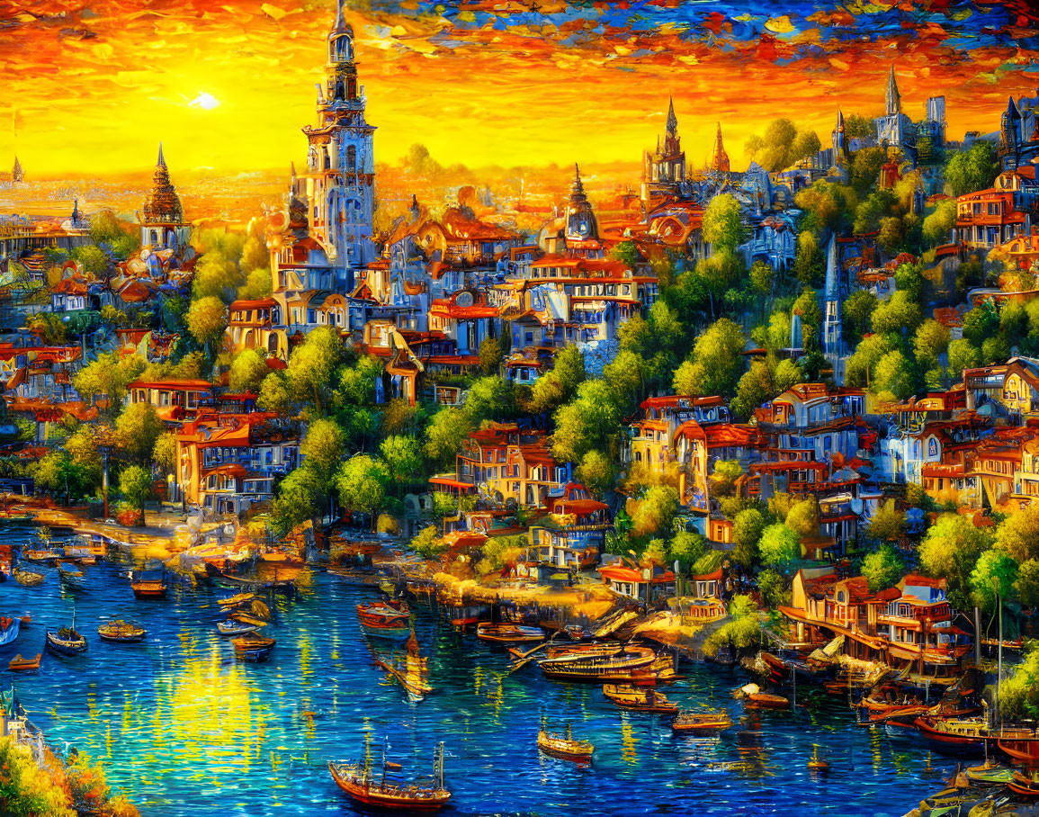 Vibrant painting of colorful seaside town at sunset