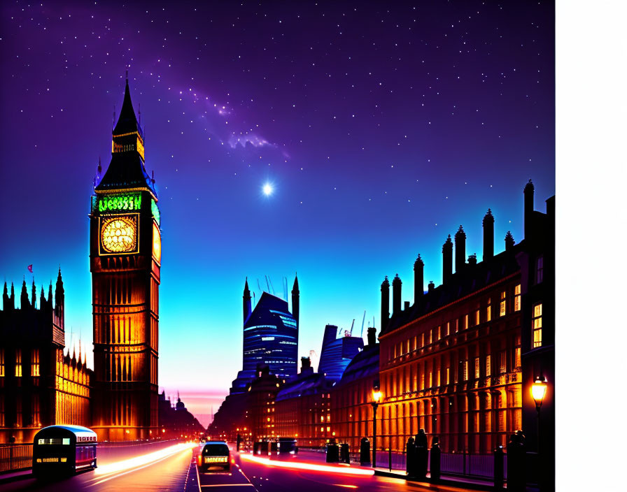 Twilight scene of London with illuminated Big Ben and street activity