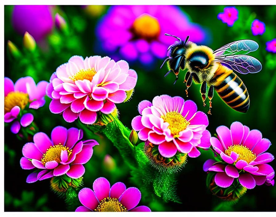 Bee in flight near pink and purple flowers with green foliage