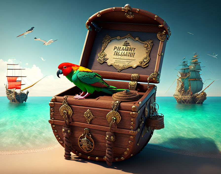 Colorful Parrot on Treasure Chest with Gold Coins on Tropical Seashore