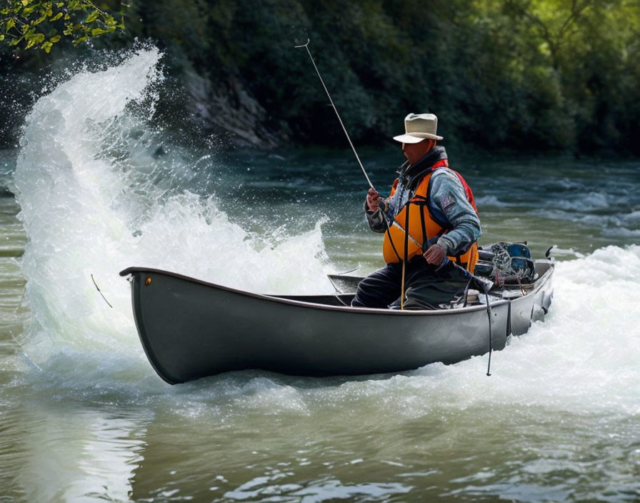 Person fishing from canoe on rapid river with splashing water