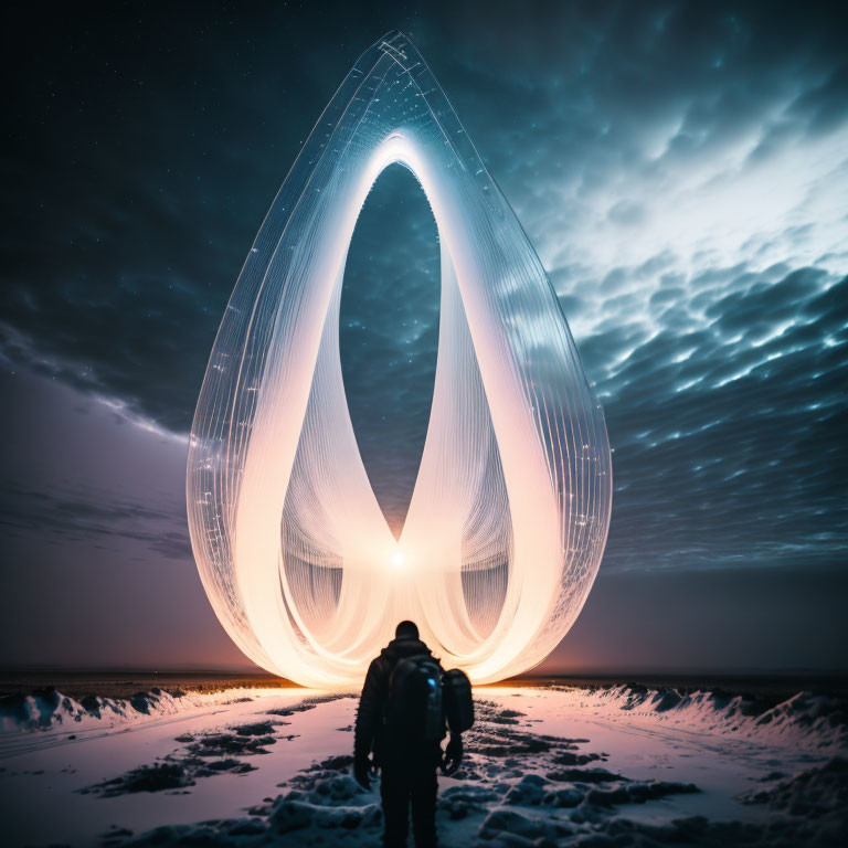 Luminous teardrop-shaped light sculpture in wintry twilight landscape