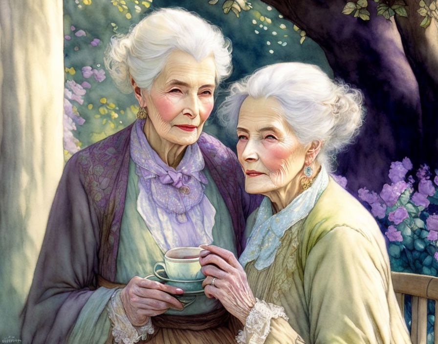 Illustration: Twin elderly women with teacup, serene tree and floral backdrop