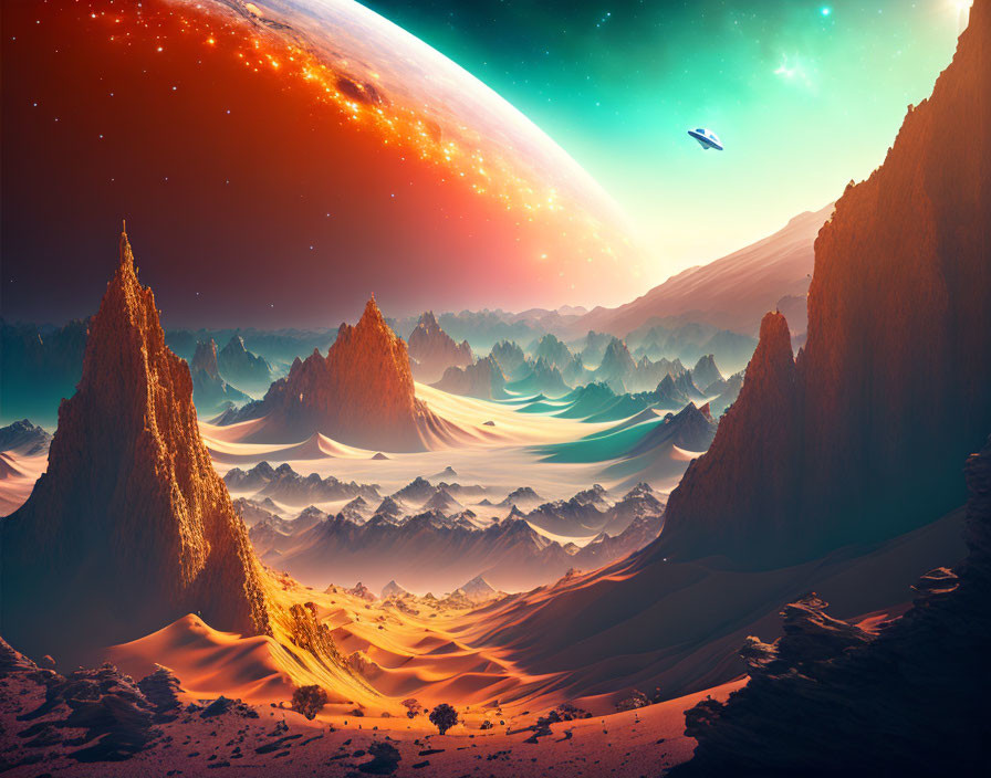 Surreal sci-fi landscape: towering rocks, dunes, planet, spaceship