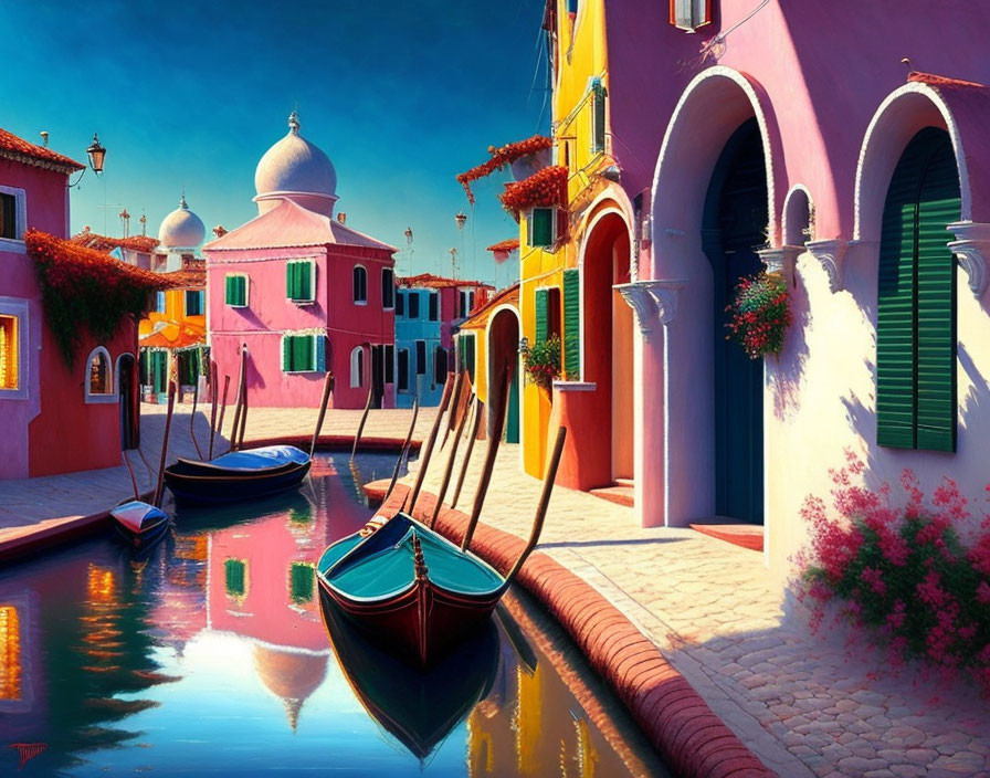 Vibrant Canal Scene with Colorful Buildings and Boats