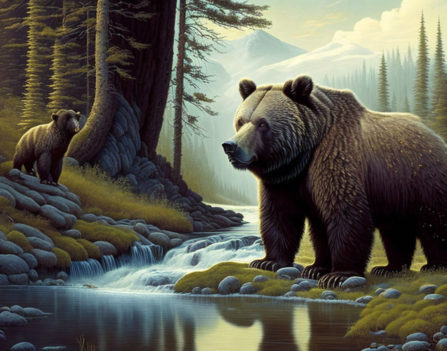 Tranquil landscape with bears by forest stream & snowy mountains