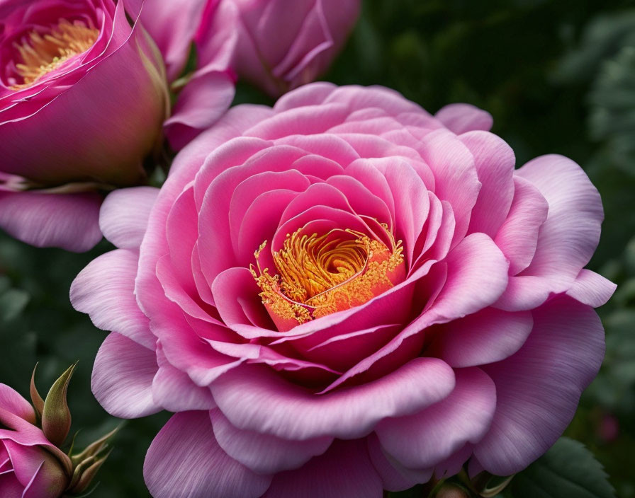 Pink rose with layered petals and golden center among green leaves