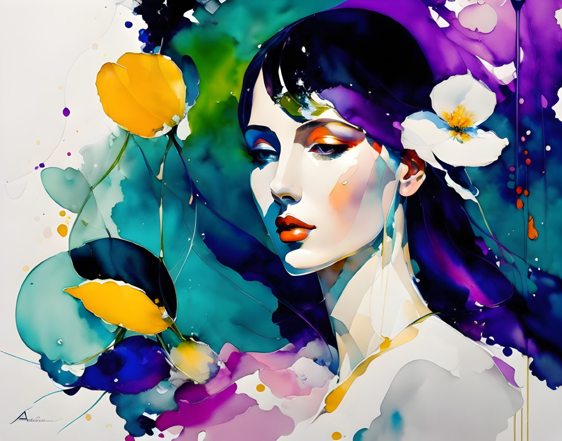 Colorful Watercolor Illustration of Woman with Abstract Background