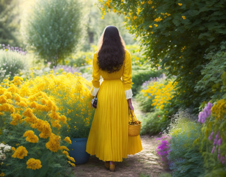 Woman in Yellow Dress Walking Through Vibrant Flower Garden