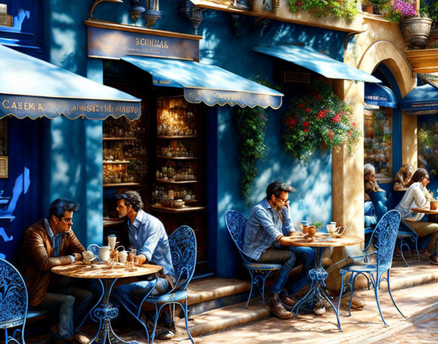 Outdoor dining at cozy blue cafe with umbrellas and hanging plants