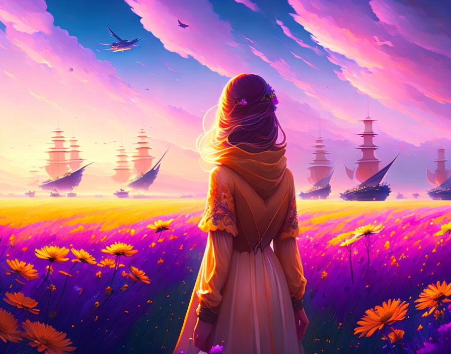 Woman in cape gazes at vibrant sunset with floating ships over purple and orange flower field