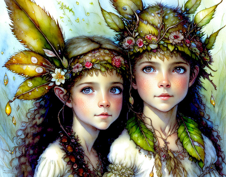 Whimsical fairy children with plant-themed attire in enchanting setting