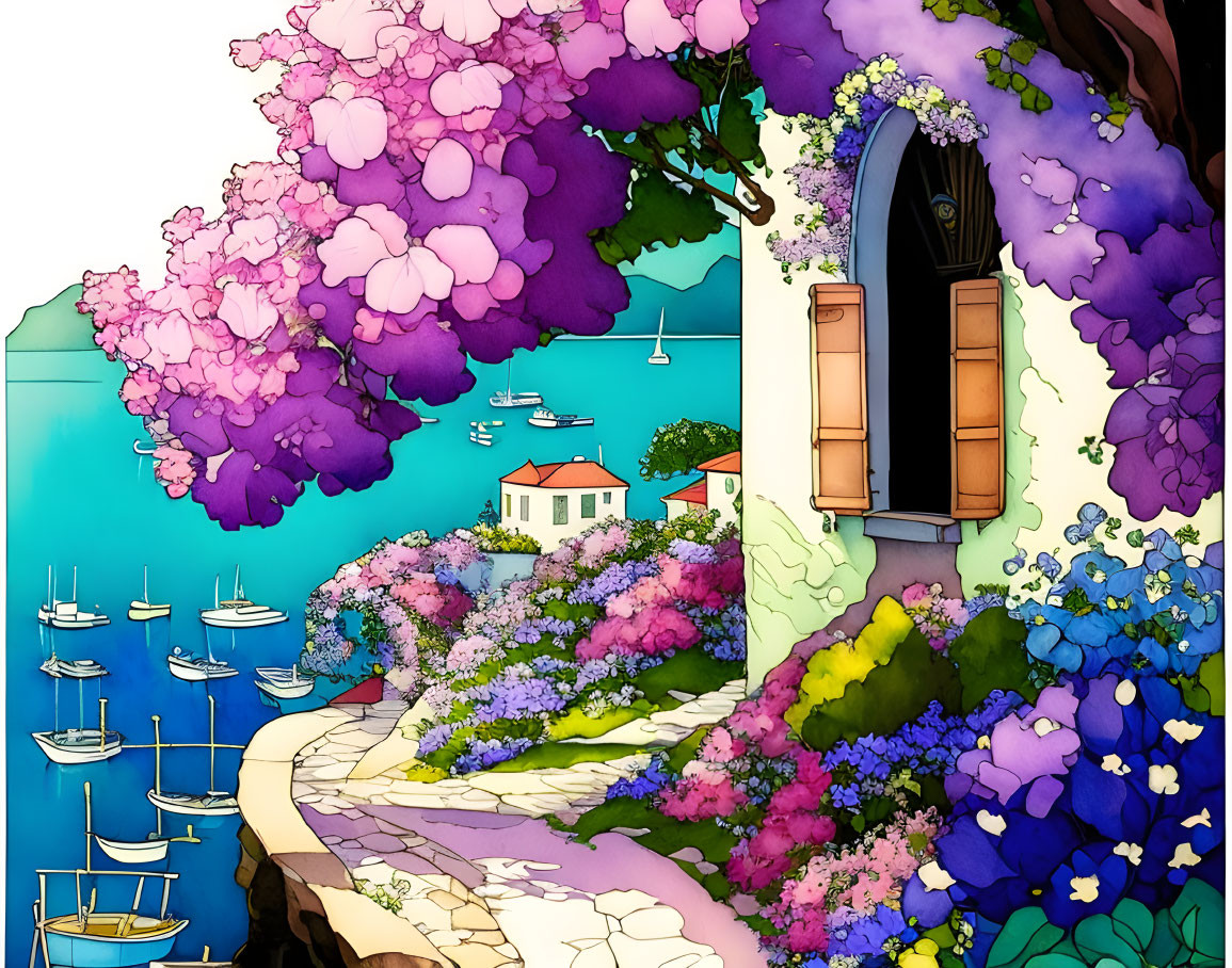 Vibrant coastal scene with window, flowers, sailboats, and house