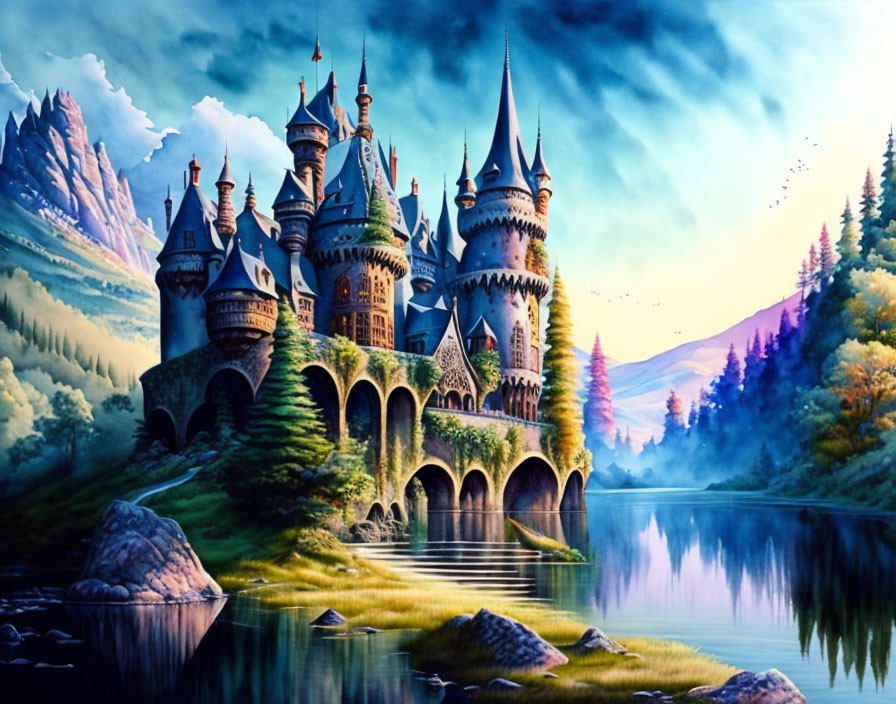 Fantasy landscape with enchanting castle, lush greenery, lake, and mountains