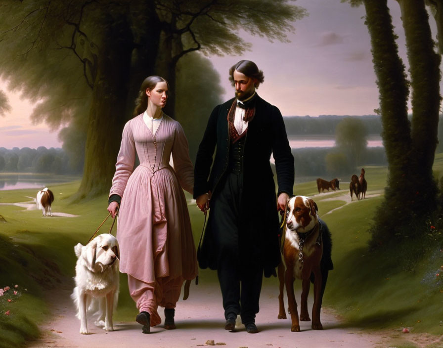 Victorian-era couple walking dogs in serene landscape