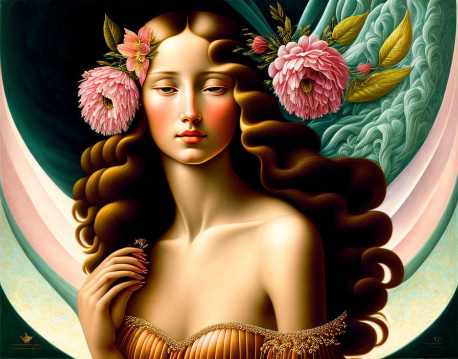 Surreal portrait of woman with flowing hair and flowers